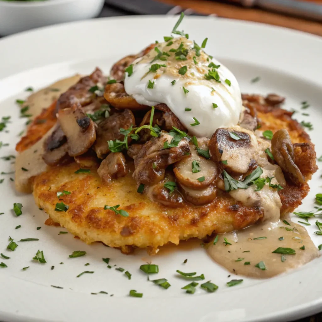 Mozzarella Rösti with Onion and Mushroom Cream Sauce served on a white plate, topped with creamy mushroom-onion sauce and garnished with thyme
