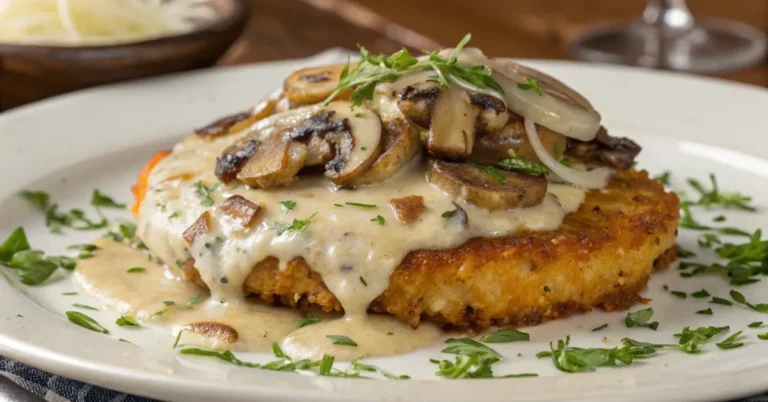 Mozzarella Rösti with Onion and Mushroom Cream Sauce served on a white plate, topped with creamy mushroom-onion sauce and garnished with thyme