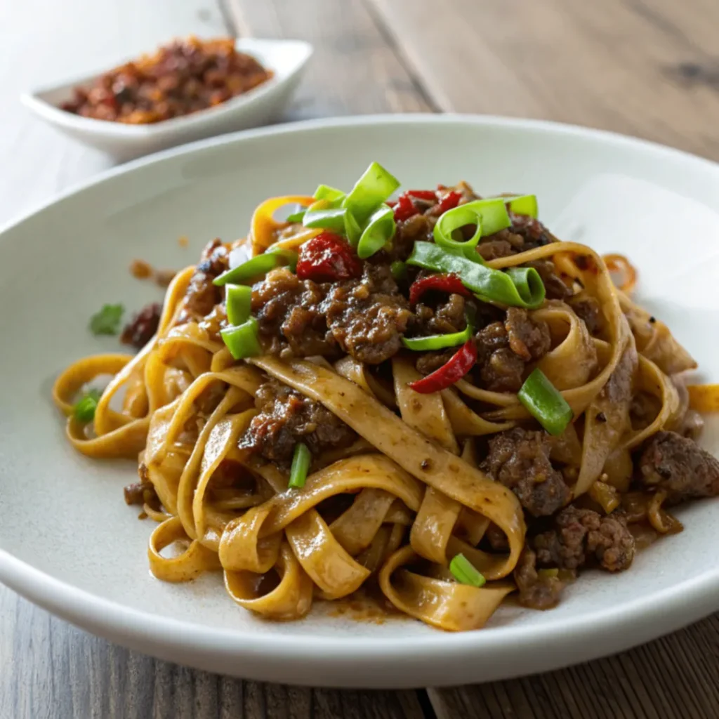A close-up image of Mongolian Ground Beef Noodles served in a white plate with caramelized ground beef, green onions, and glossy soy sauce