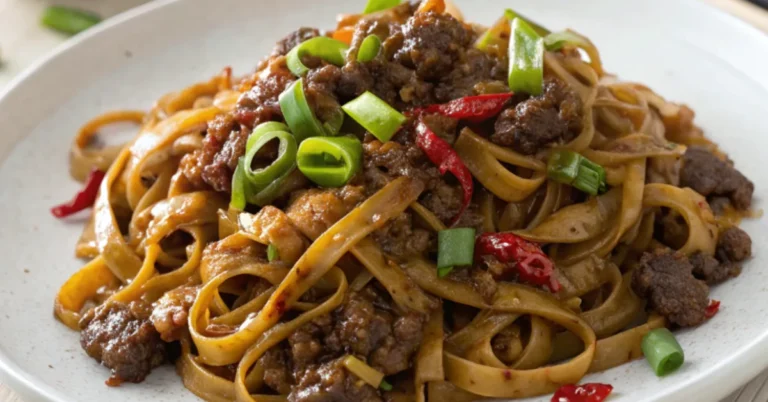 A close-up image of Mongolian Ground Beef Noodles served in a white plate with caramelized ground beef, green onions, and glossy soy sauce
