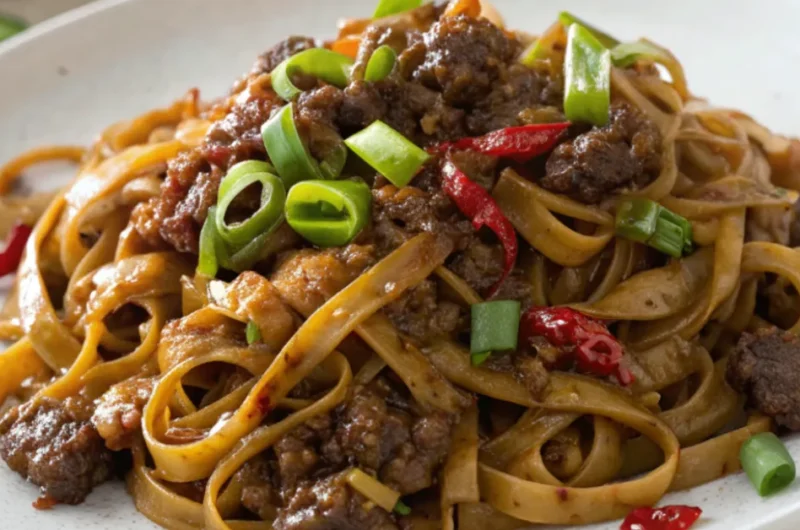 A close-up image of Mongolian Ground Beef Noodles served in a white plate with caramelized ground beef, green onions, and glossy soy sauce