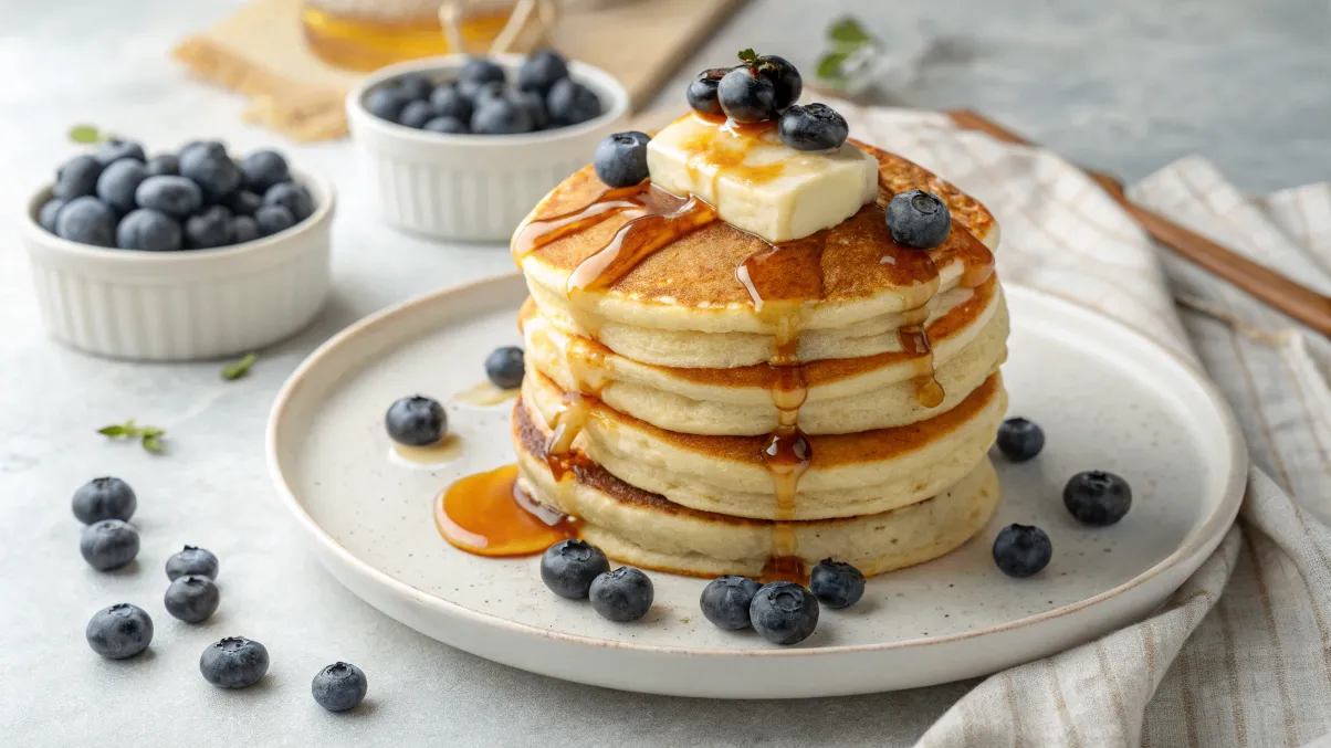 Fluffy golden pancakes stacked high with butter, maple syrup, and blueberries for National Pancake Day celebration