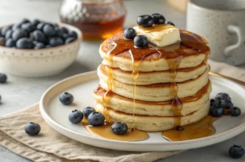 Fluffy golden pancakes stacked high with butter, maple syrup, and blueberries for National Pancake Day celebration