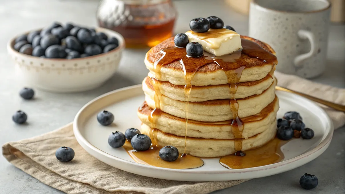 Fluffy golden pancakes stacked high with butter, maple syrup, and blueberries for National Pancake Day celebration