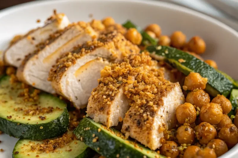 Close-up overhead photo of Chicken Shawarma with Chickpeas and Dukkah Courgettes on a white plate with chickpeas and dukkah courgettes.