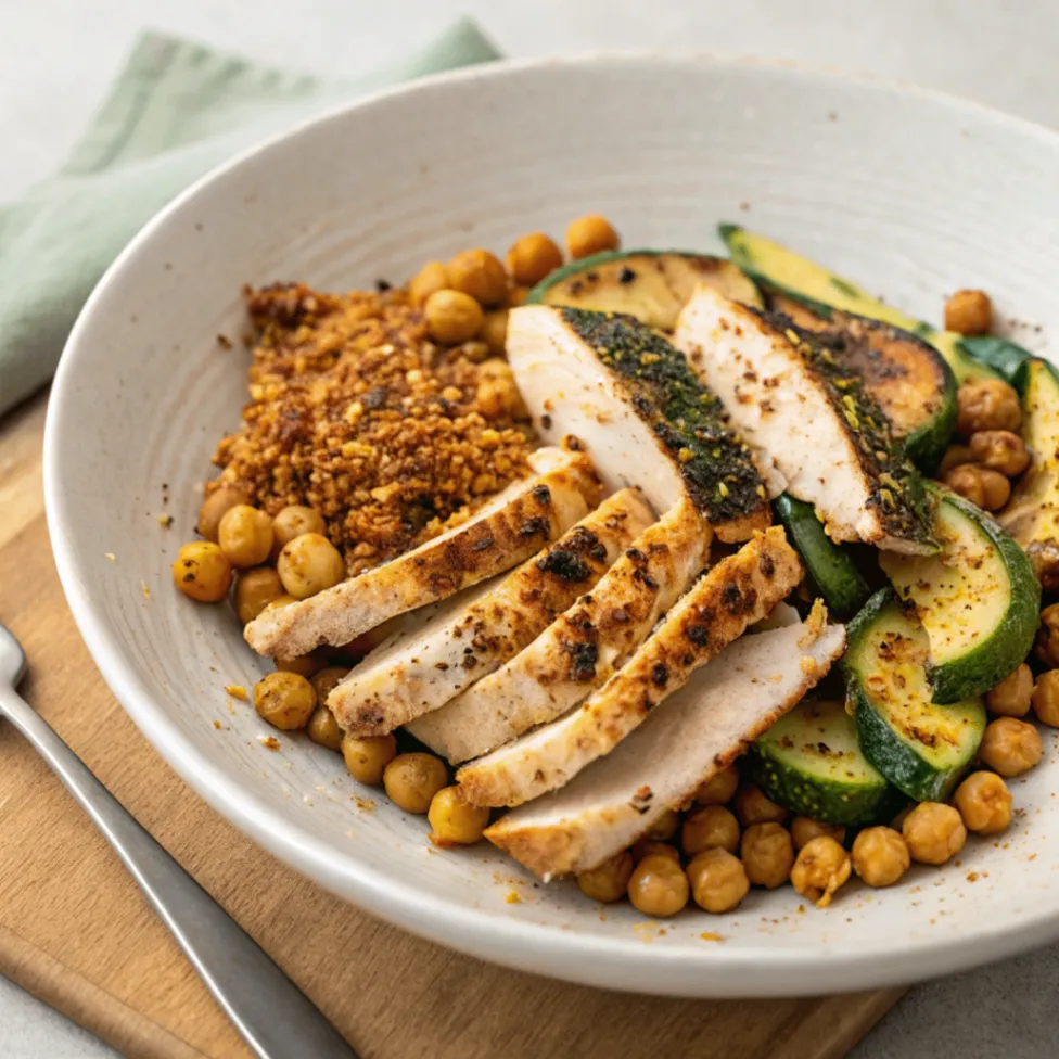 Close-up overhead photo of Chicken Shawarma with Chickpeas and Dukkah Courgettes on a white plate with chickpeas and dukkah courgettes.