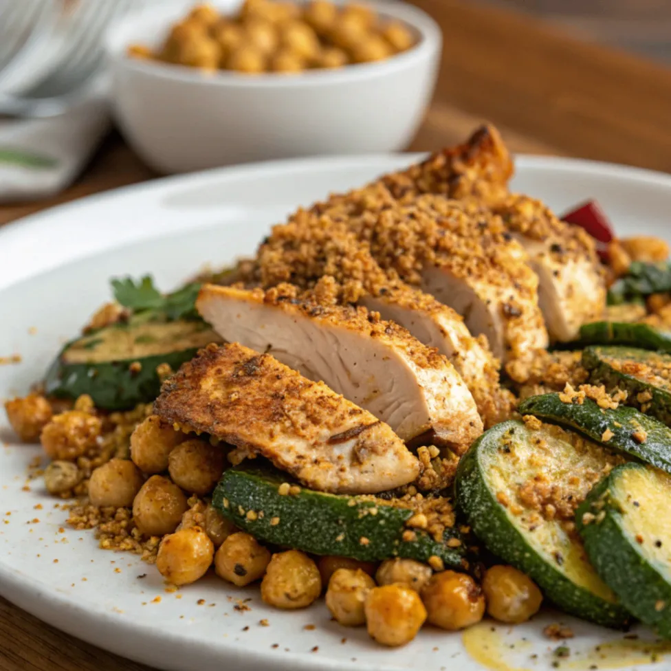 Close-up overhead photo of Chicken Shawarma with Chickpeas and Dukkah Courgettes on a white plate with chickpeas and dukkah courgettes.