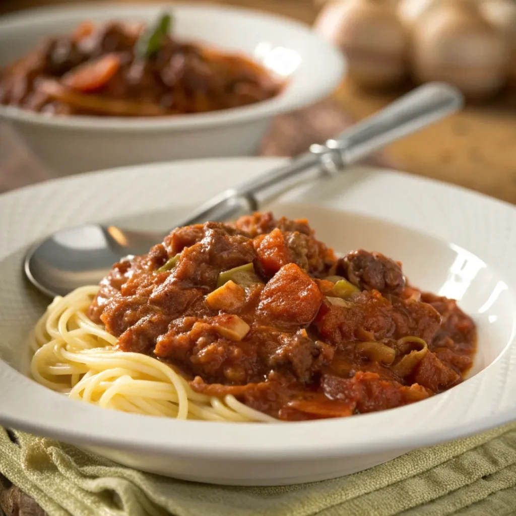 A close-up plate of rich Italian ragu recipe with pasta in a white dish, captured with natural lighting.