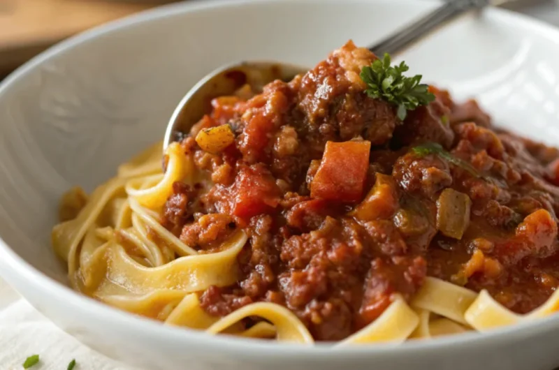A close-up plate of rich Italian ragu recipe with pasta in a white dish, captured with natural lighting.