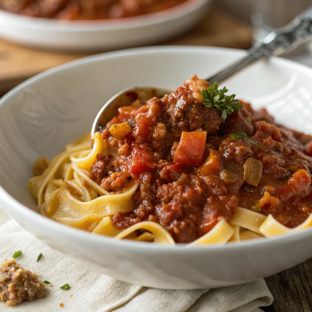 A close-up plate of rich Italian ragu recipe with pasta in a white dish, captured with natural lighting.