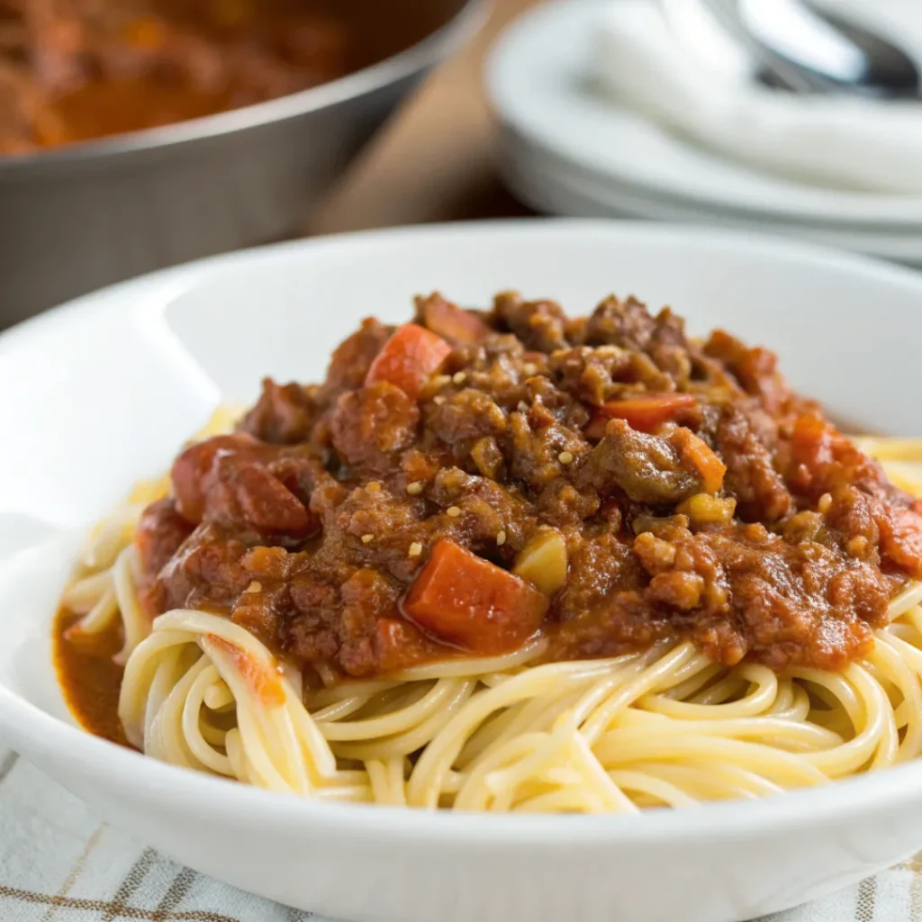 Ultra realistic close up of classic ragu sauce in a white plate with rich textures and natural lighting