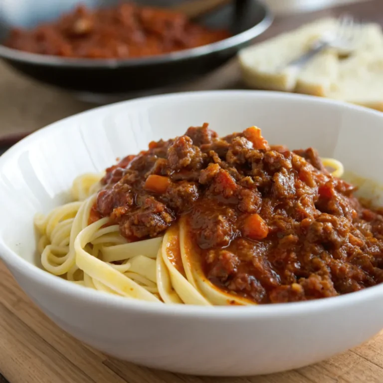 Ultra realistic close up of classic ragu sauce in a white plate with rich textures and natural lighting