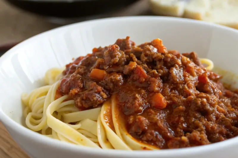 Ultra realistic close up of classic ragu sauce in a white plate with rich textures and natural lighting