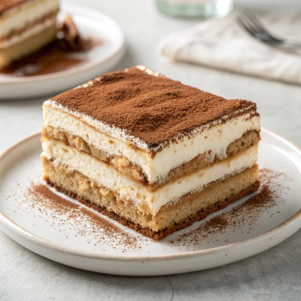 Close up photo of a costco tiramisu slice on a white plate showing creamy layers and cocoa topping.