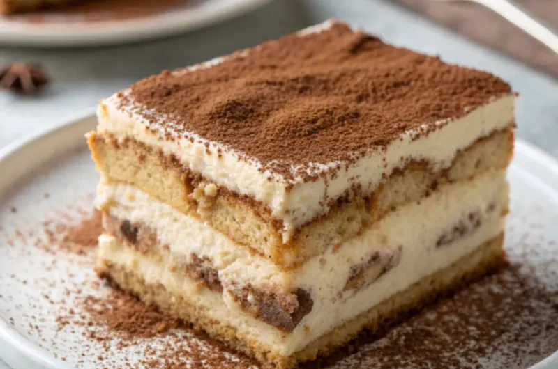 Close up photo of a costco tiramisu slice on a white plate showing creamy layers and cocoa topping.