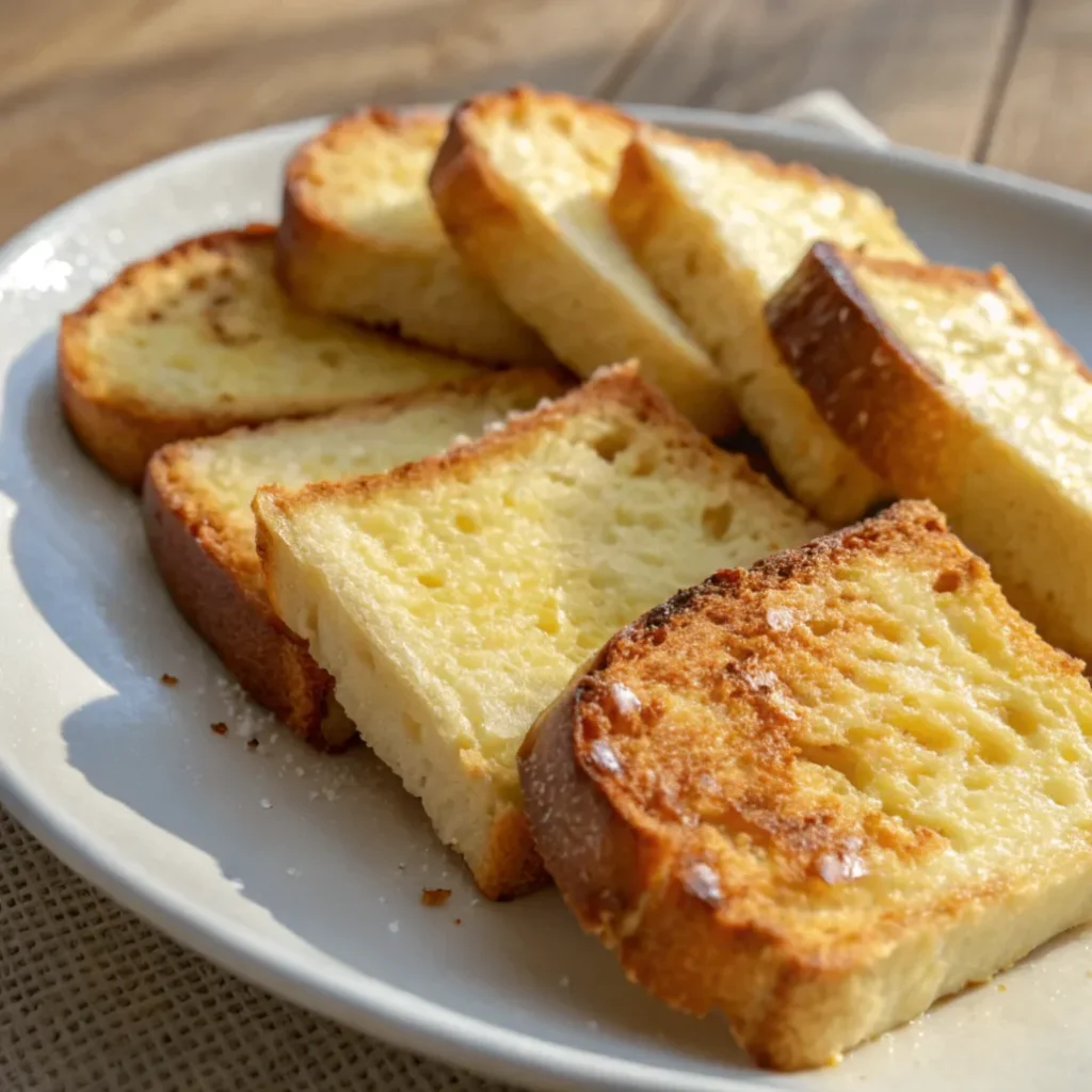 Crispy golden fried bread slices served on a white plate in natural light.