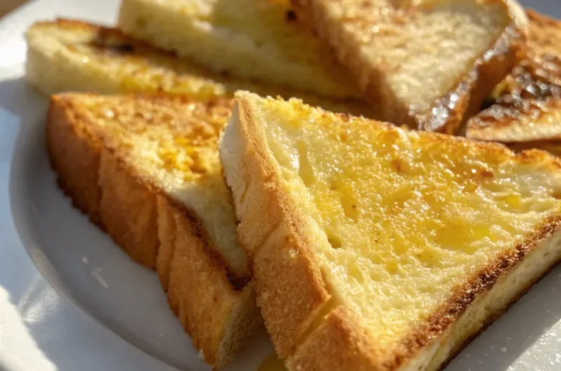 Crispy golden fried bread slices served on a white plate in natural light.