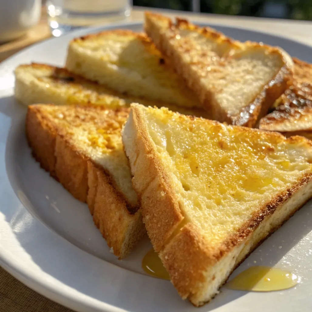 Crispy golden fried bread slices served on a white plate in natural light.