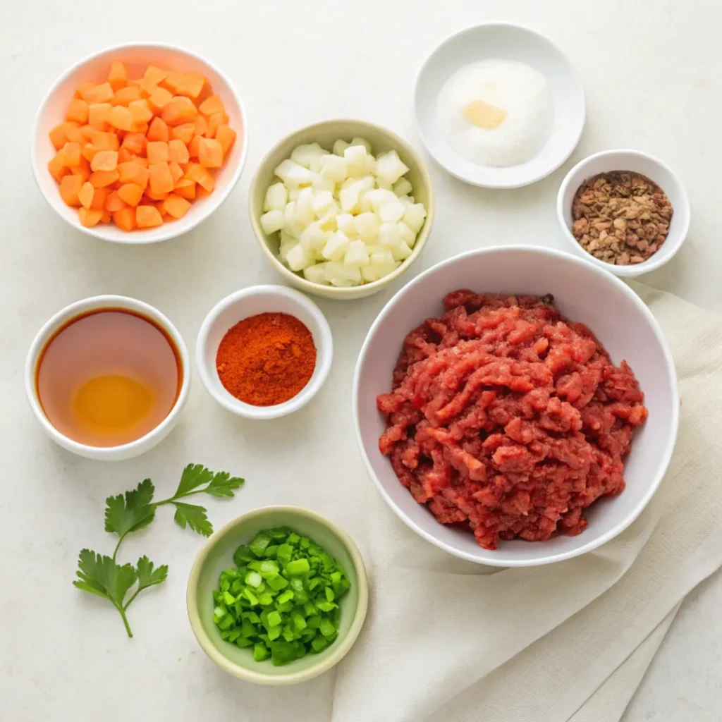 Fresh ingredients for making classic ragu sauce displayed on a white surface.
