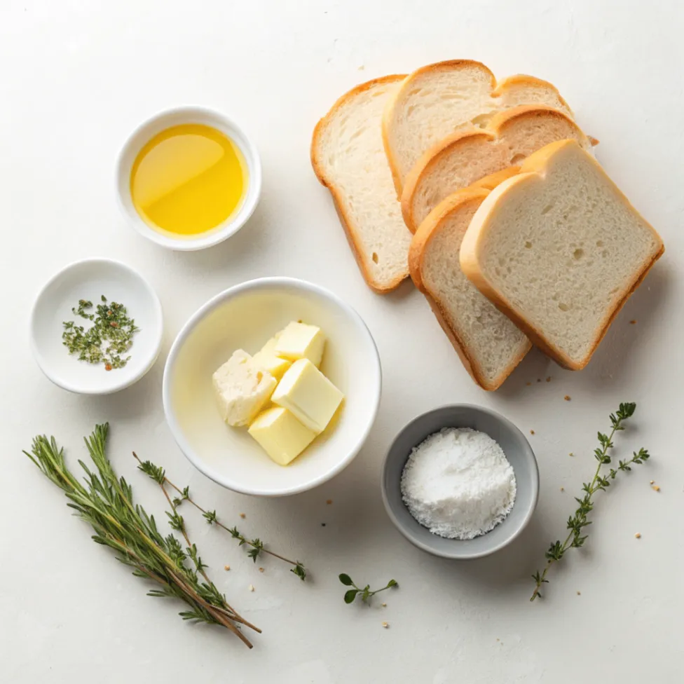Ingredients arranged for making fried bread with bread slices, oil, and butter