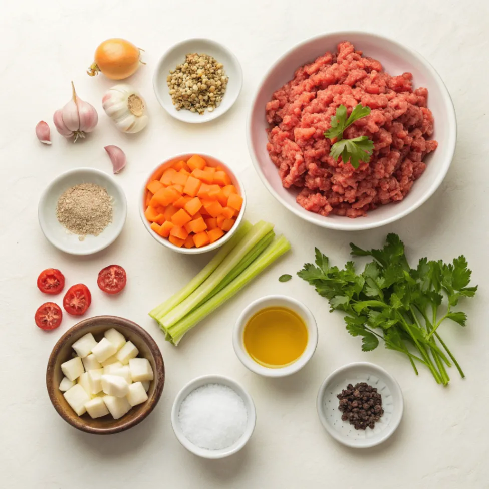 Fresh ingredients for a ragu recipe displayed on a white surface