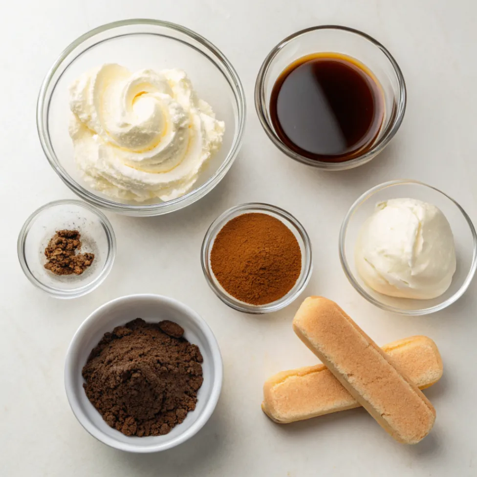 Top view of mascarpone, espresso, ladyfingers, cocoa powder, sugar, and vanilla arranged neatly as ingredients for a tiramisu inspired by costco tiramisu.