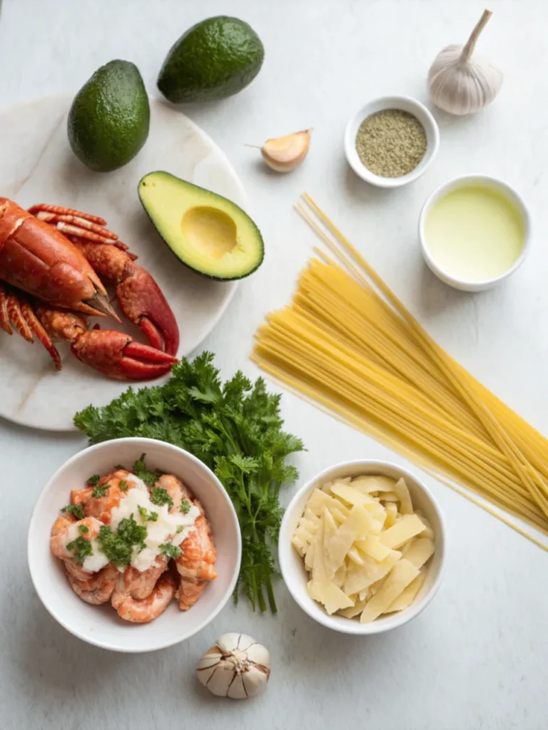 Ingredients for keto lobster cream pasta with wild caught lobster, organic cream, avocado oil and low carb pasta