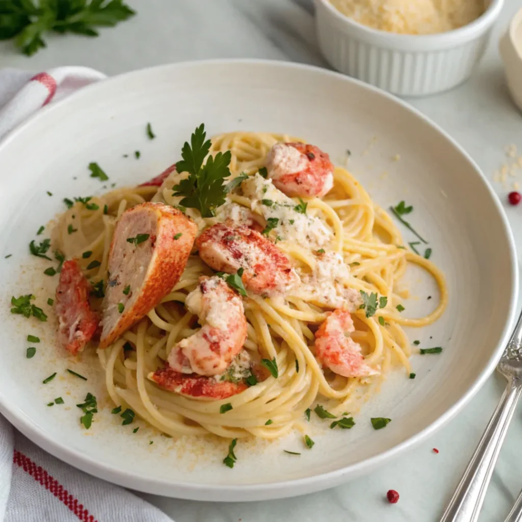 Keto lobster cream pasta made with wild caught lobster, low carb gluten free noodles and organic cream sauceKeto lobster cream pasta made with wild caught lobster, low carb gluten free noodles and organic cream sauce