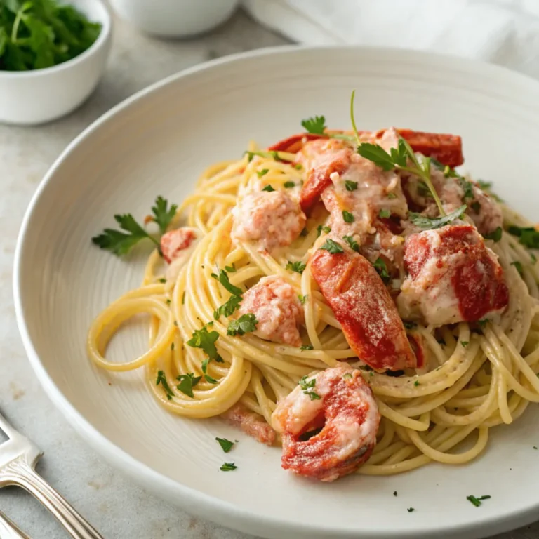 Keto lobster cream pasta made with wild caught lobster, low carb gluten free noodles and organic cream sauce
