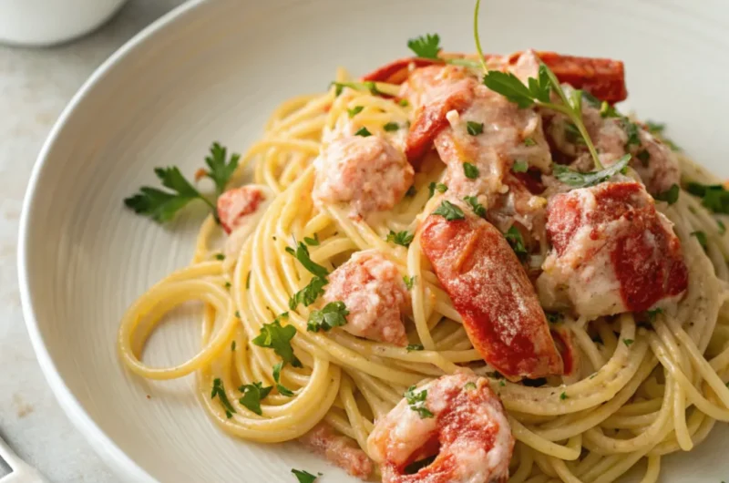 Keto lobster cream pasta made with wild caught lobster, low carb gluten free noodles and organic cream sauce