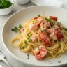 Keto lobster cream pasta made with wild caught lobster, low carb gluten free noodles and organic cream sauce