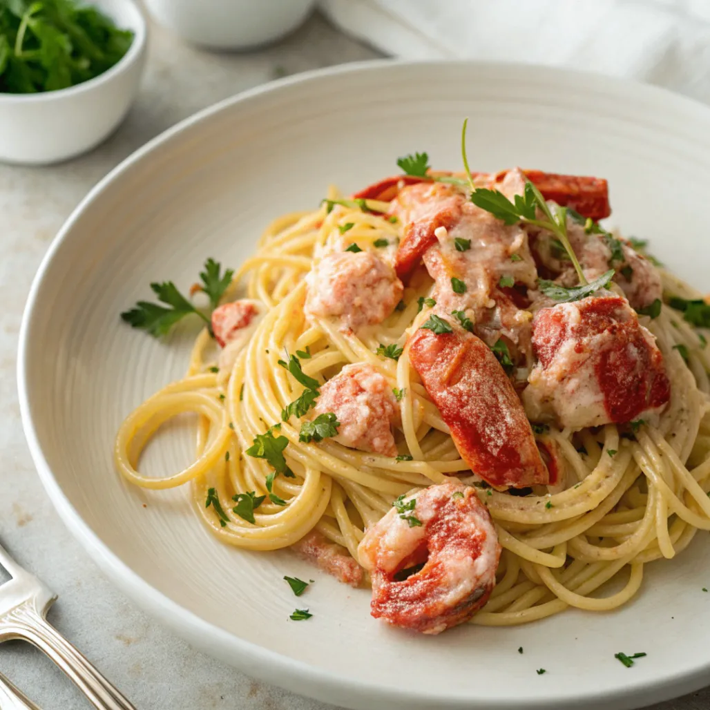 Keto lobster cream pasta made with wild caught lobster, low carb gluten free noodles and organic cream sauce