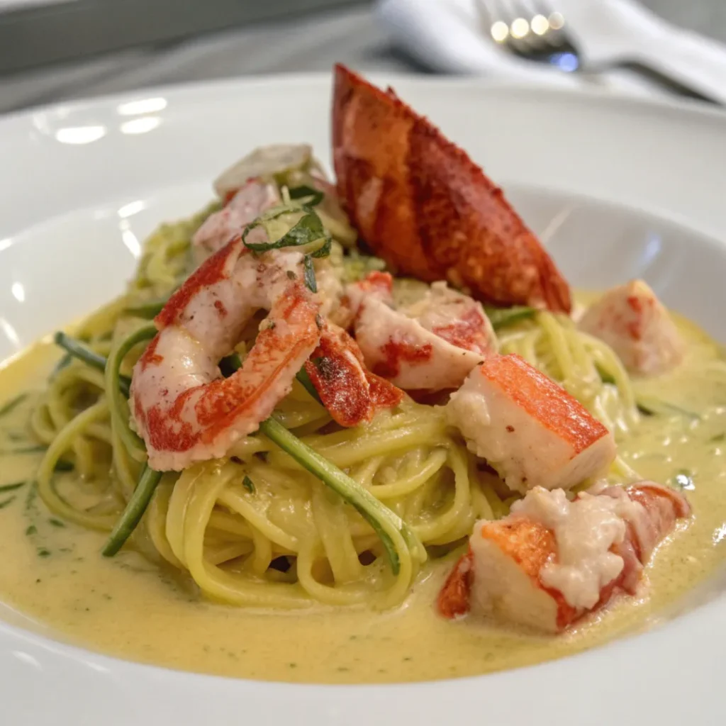 Keto lobster cream pasta made with wild caught lobster, low carb gluten free noodles and organic cream sauce