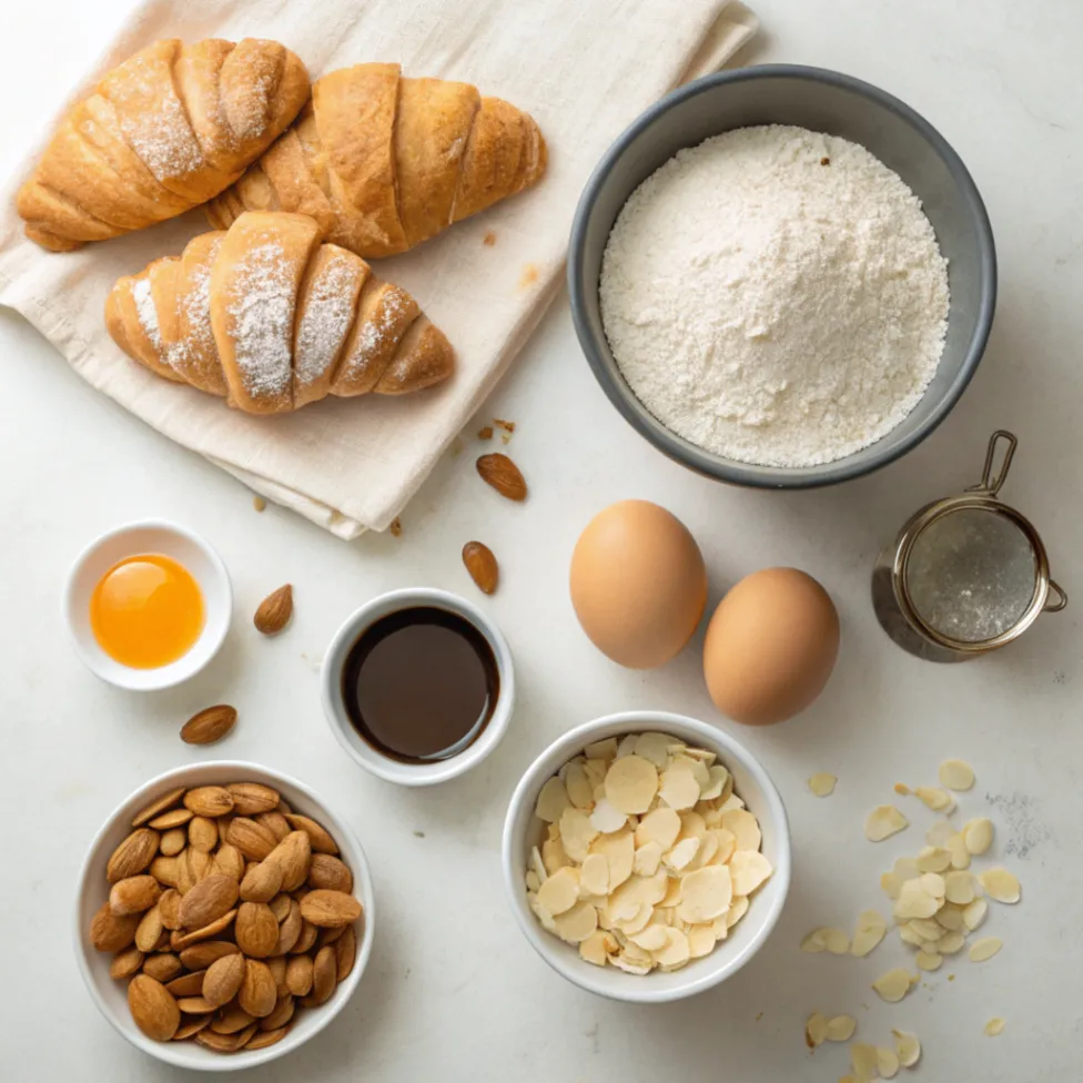 Ingredients for almond croissants recipe including almond meal, butter, sugar, eggs, and day-old croissants arranged on a white surface