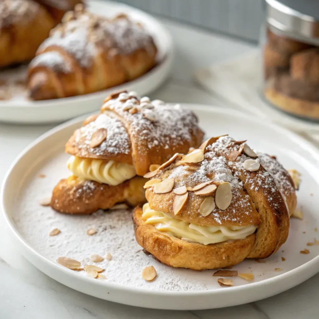 Freshly baked almond croissants recipe with toasted almonds and powdered sugar