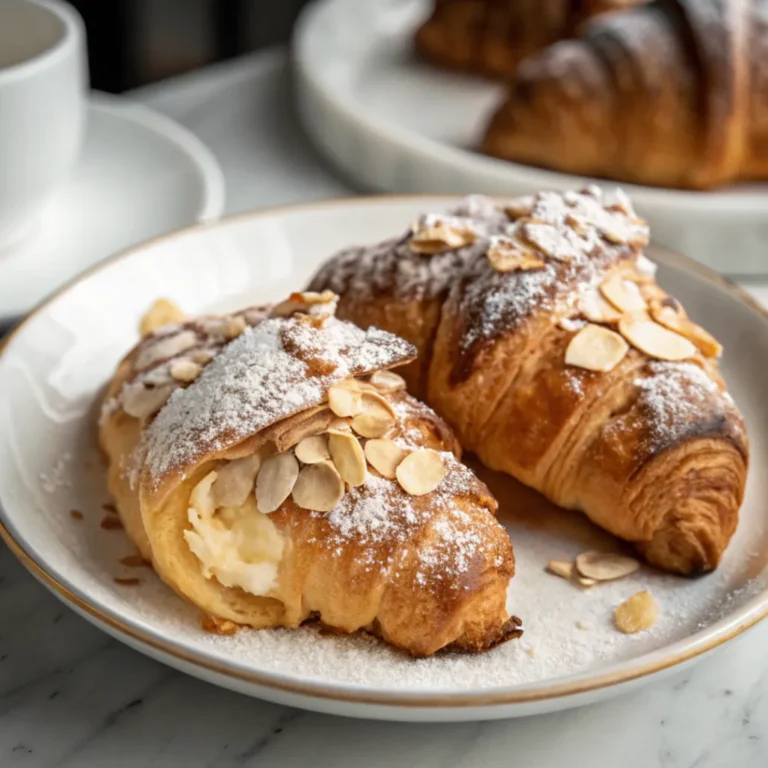 Freshly baked almond croissants recipe with toasted almonds and powdered sugar