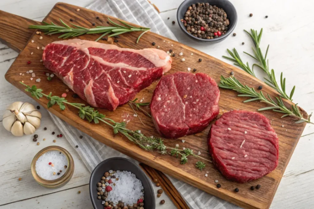 High-quality fresh beef meat cuts displayed on a wooden board showing sirloin, ribeye, and ground beef for nutritional education