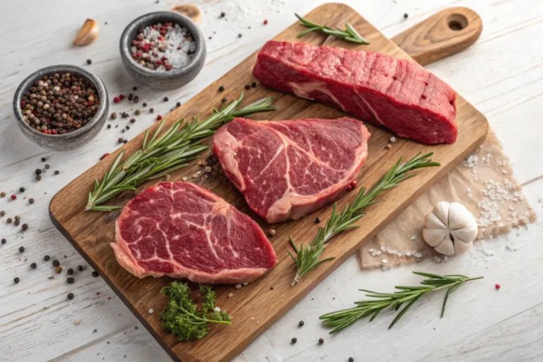 High-quality fresh beef meat cuts displayed on a wooden board showing sirloin, ribeye, and ground beef for nutritional education