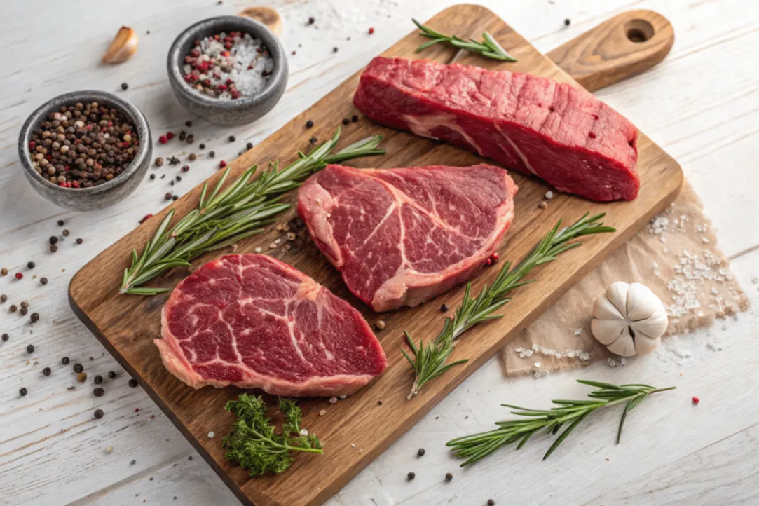 High-quality fresh beef meat cuts displayed on a wooden board showing sirloin, ribeye, and ground beef for nutritional education