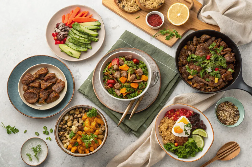 A high quality overhead shot of assorted dishes showcasing all BeesRecipes categories including quick meals, healthy plates, gluten free recipes, comfort food, meat dishes, and desserts.