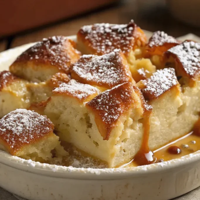 Best Ever Bread Pudding with golden crust and vanilla sauce served on a white plate
