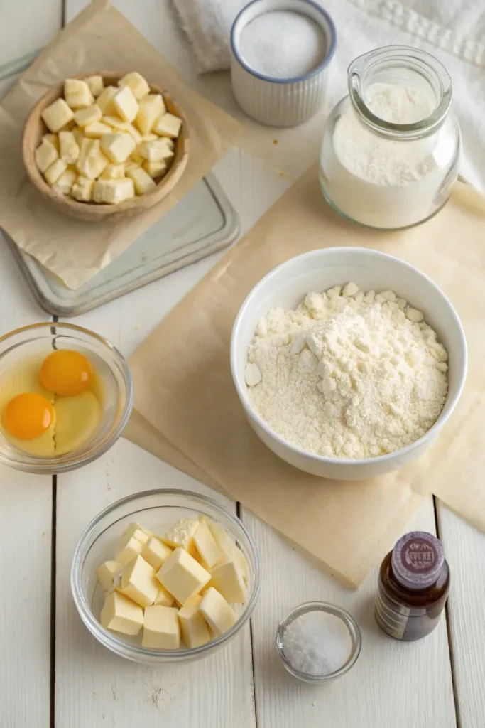 Ingredients for buttercream macarons including almond flour, sugar, egg whites, and butter