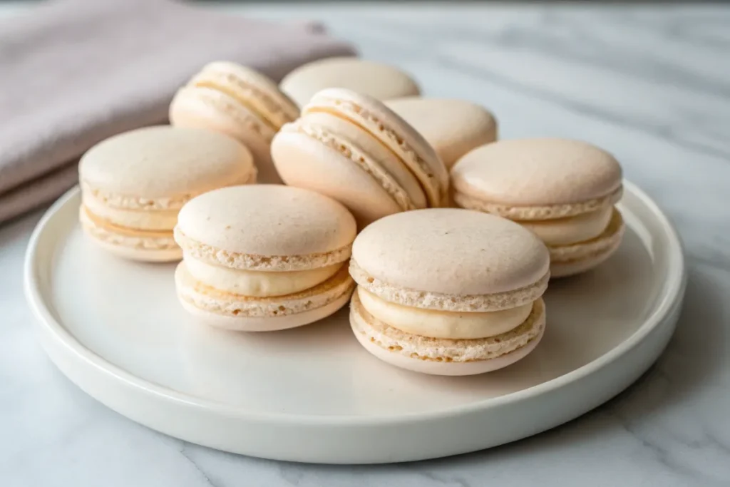 Buttercream macarons filled with creamy vanilla buttercream on a white plate