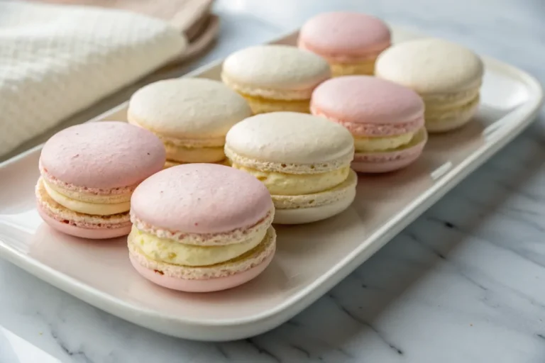 Buttercream macarons filled with creamy vanilla buttercream on a white plate