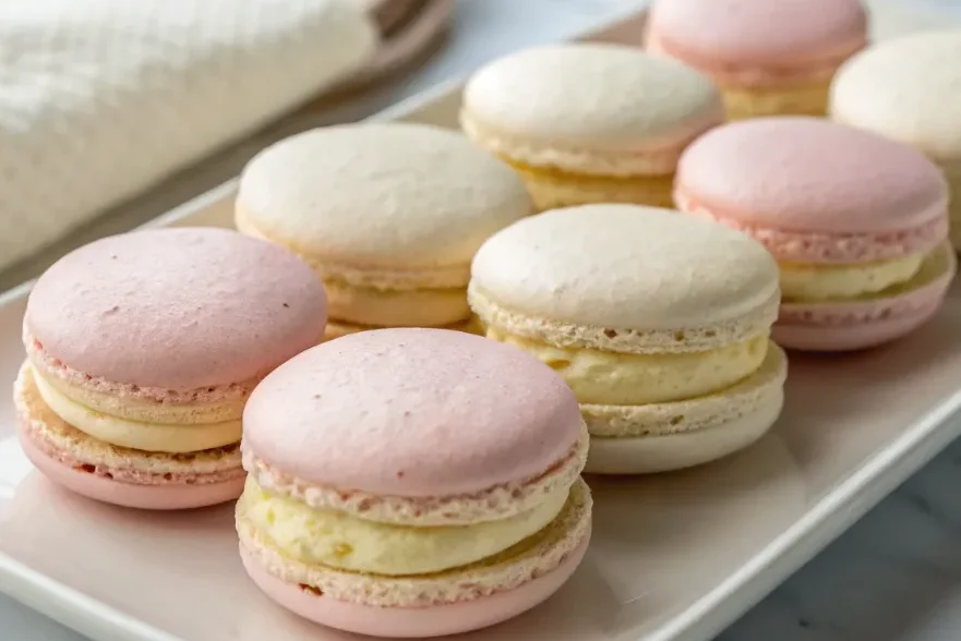 Buttercream macarons filled with creamy vanilla buttercream on a white plate