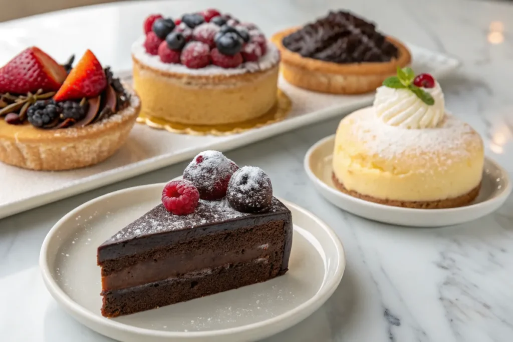 Assorted delicious desserts including chocolate cake, fruit tart, cheesecake, and pastries displayed on a white marble surface