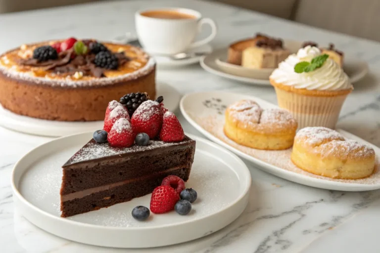 Assorted delicious desserts including chocolate cake, fruit tart, cheesecake, and pastries displayed on a white marble surface