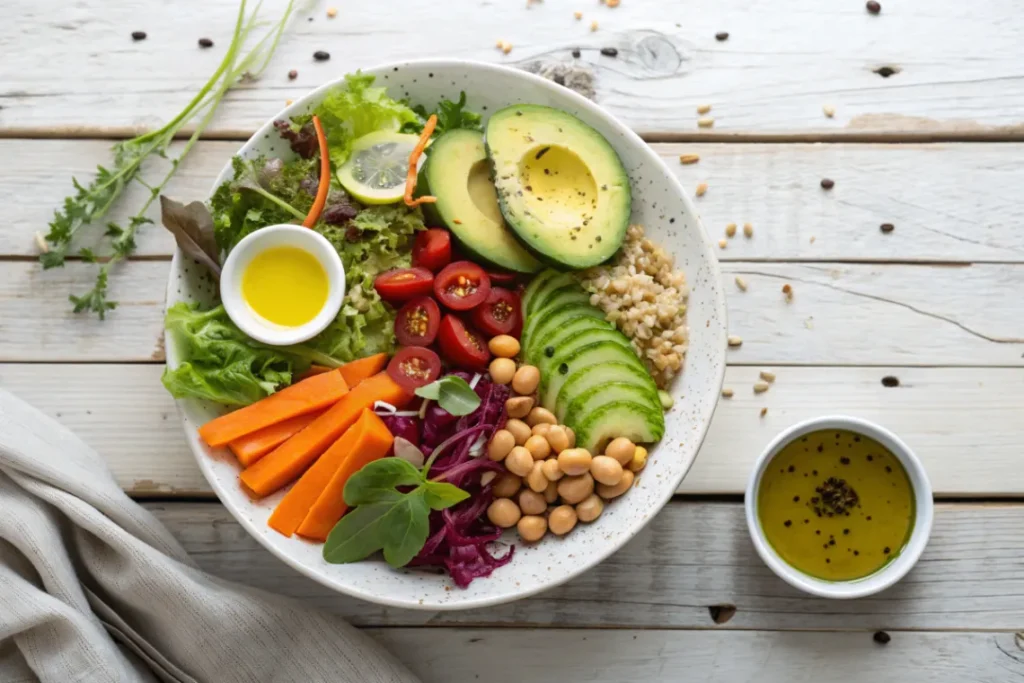 Healthy and nutritious balanced plate featuring fresh vegetables, whole grains, legumes, avocado, and olive oil for clean eating