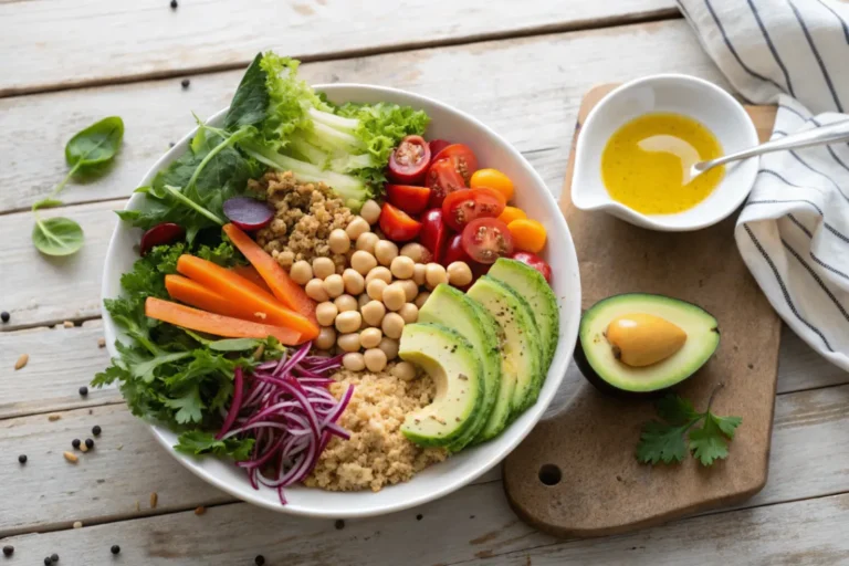 Healthy and nutritious balanced plate featuring fresh vegetables, whole grains, legumes, avocado, and olive oil for clean eating