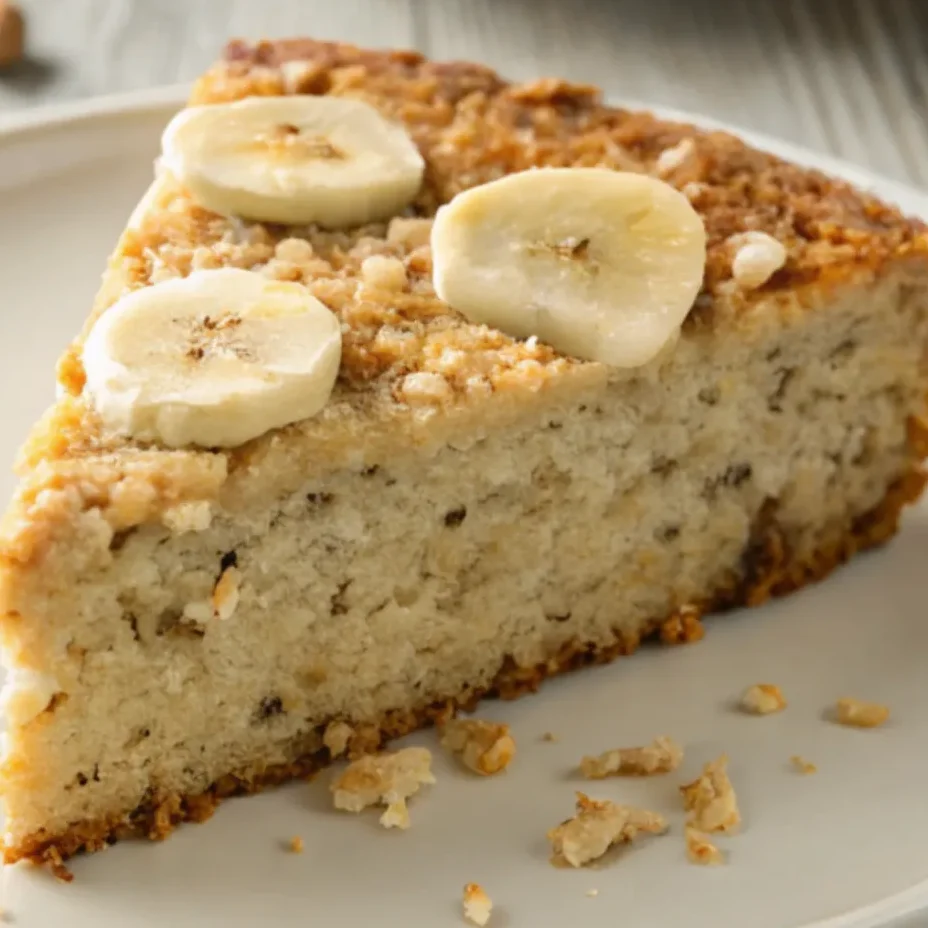A close-up photo of a moist cake with oat flakes and bananas served on a white plate